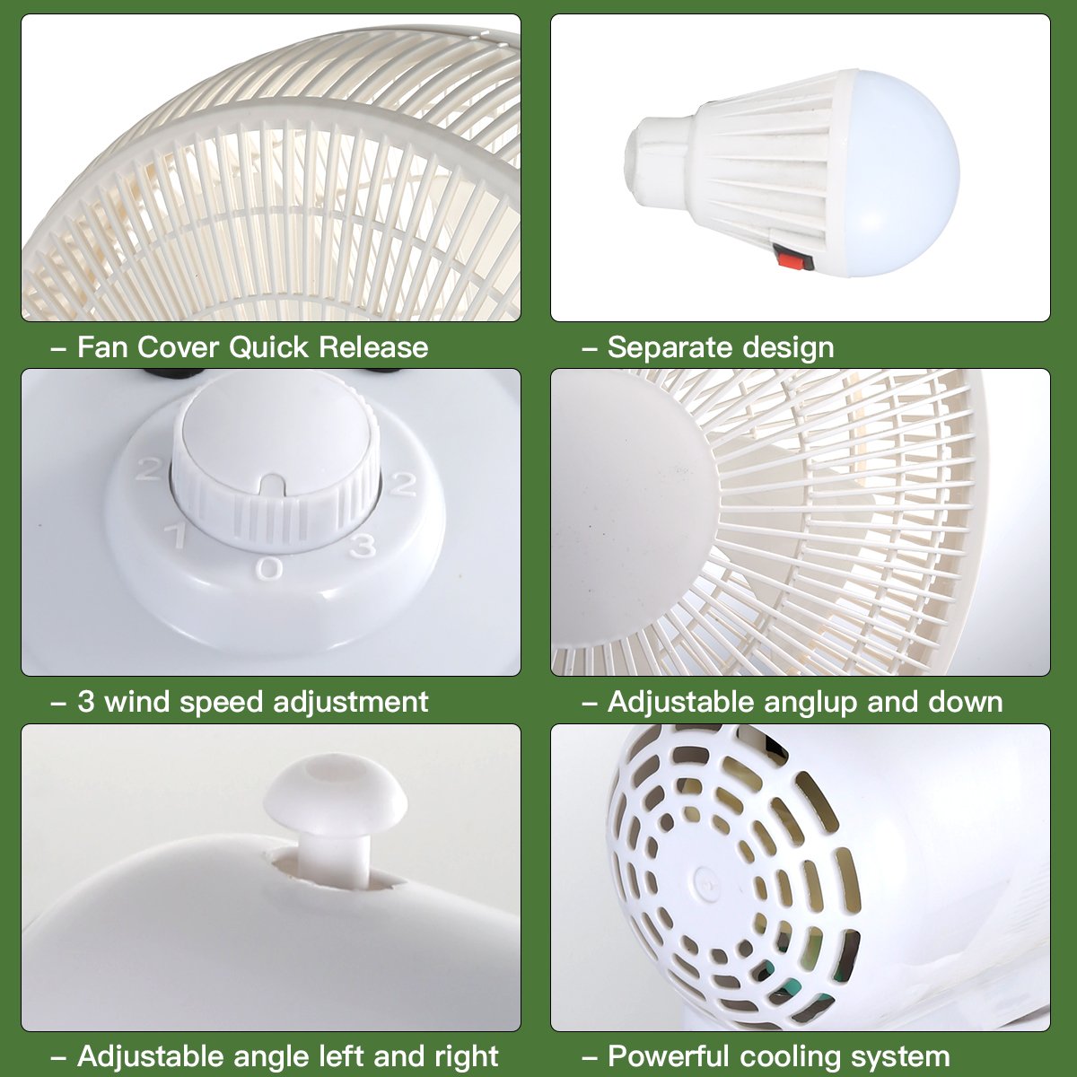 White Desk Fan with Phone Charging & Finger-Safe | 12/14/16 Inch | 8000mAh Solar - 图片 4