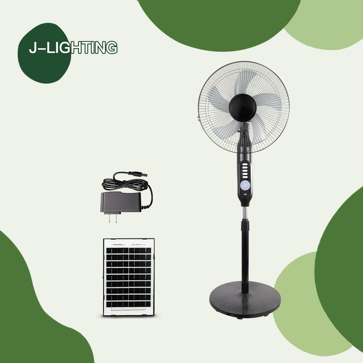 Black Solar Floor Fan with Emergency Light & Oscillation | 12/14/16 Inch | 8000mAh - 图片 5