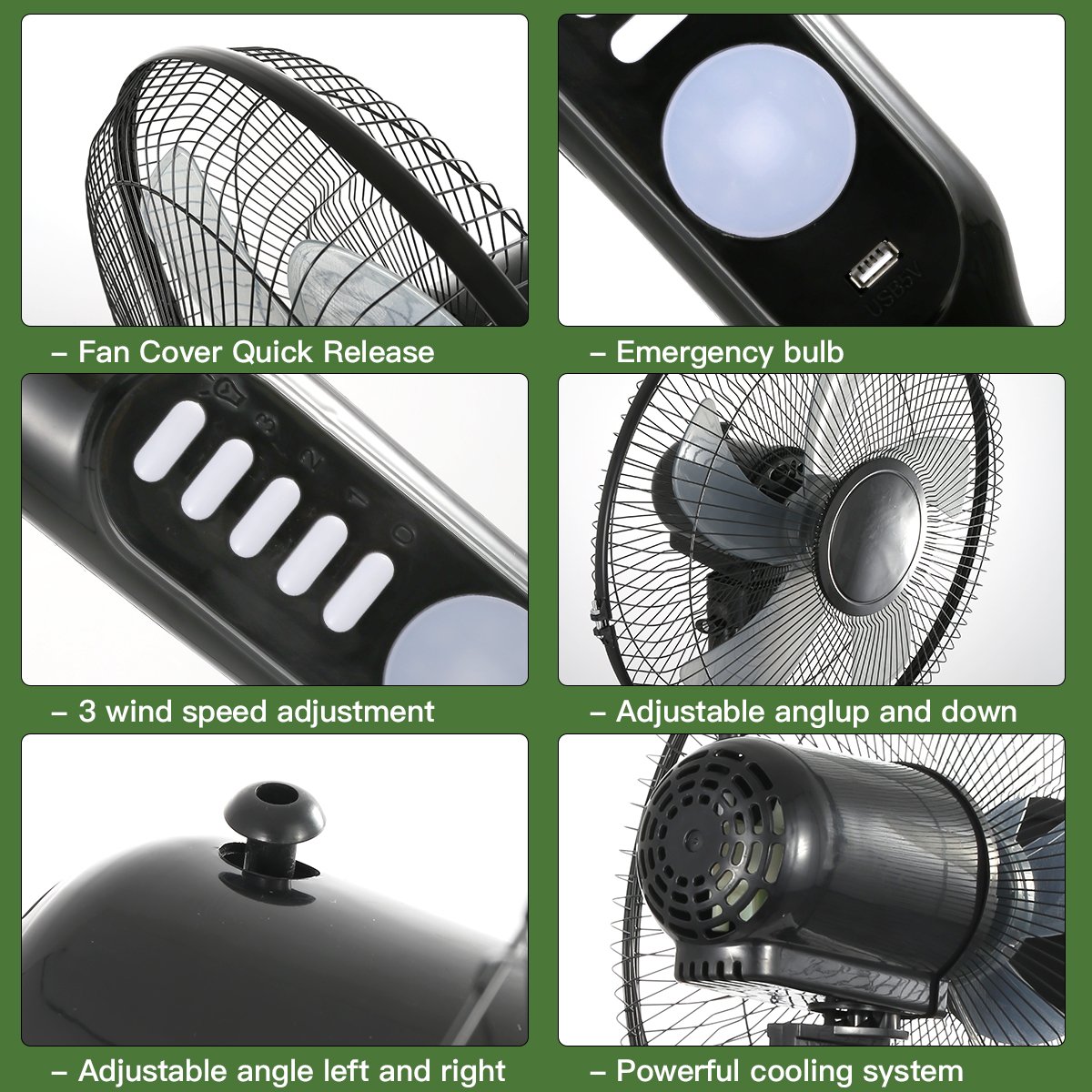 Black Solar Floor Fan with Emergency Light & Oscillation | 12/14/16 Inch | 8000mAh - 图片 4