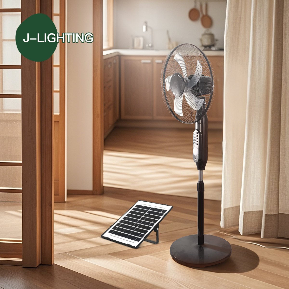 Black Solar Floor Fan with Emergency Light & Oscillation | 12/14/16 Inch | 8000mAh - 图片 2