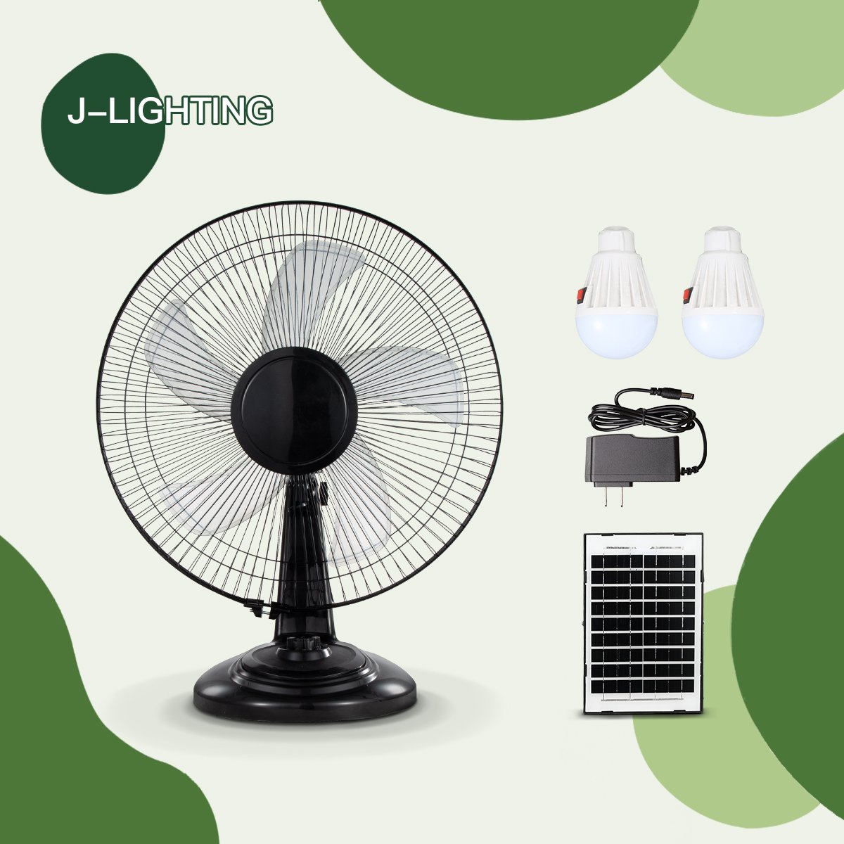 Black Solar Floor Fan with 2 Emergency Lights | 12/14/16 Inch | 8000mAh & 9V Solar - 图片 2