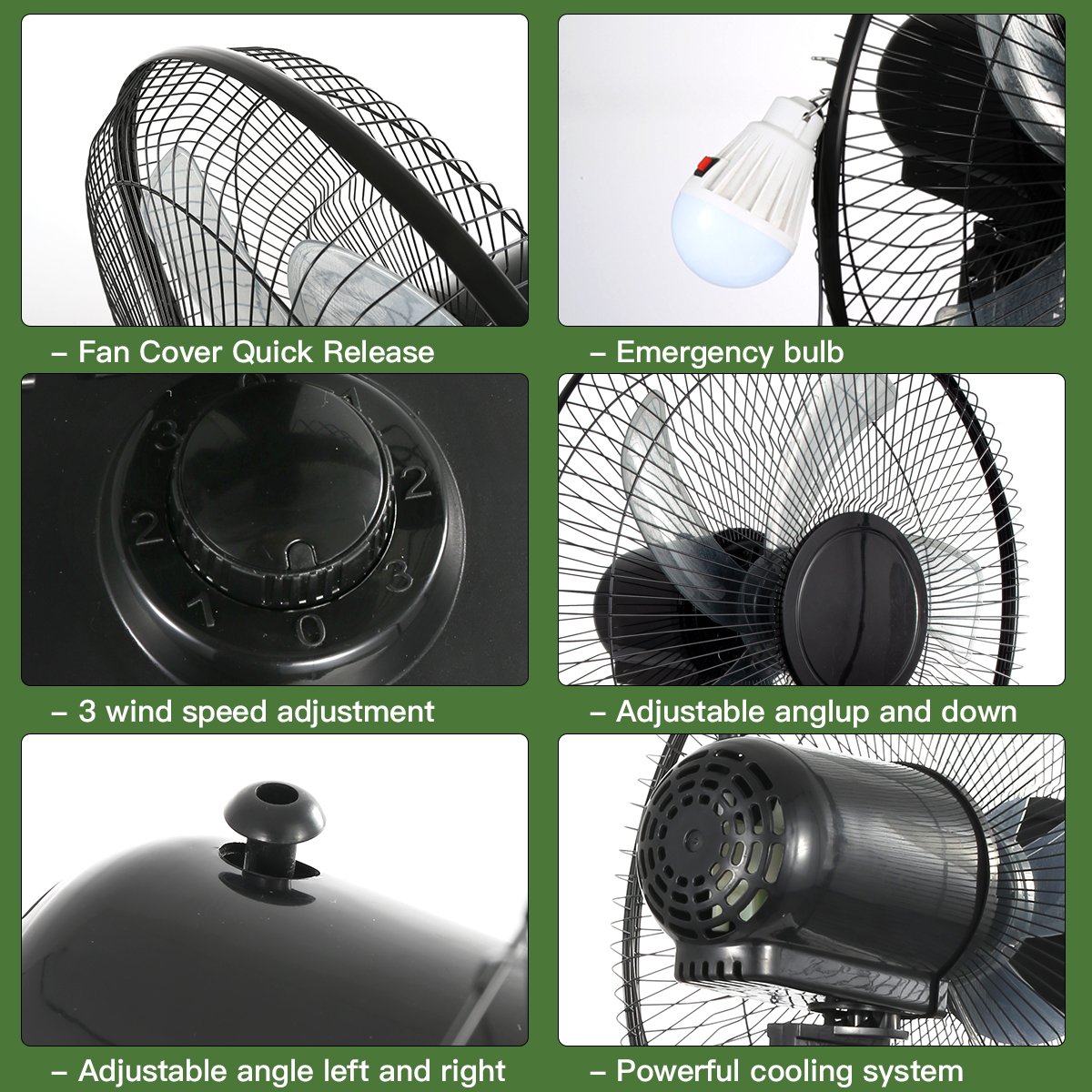 Black Solar Floor Fan with 2 Emergency Lights | 12/14/16 Inch | 8000mAh & 9V Solar - 图片 3