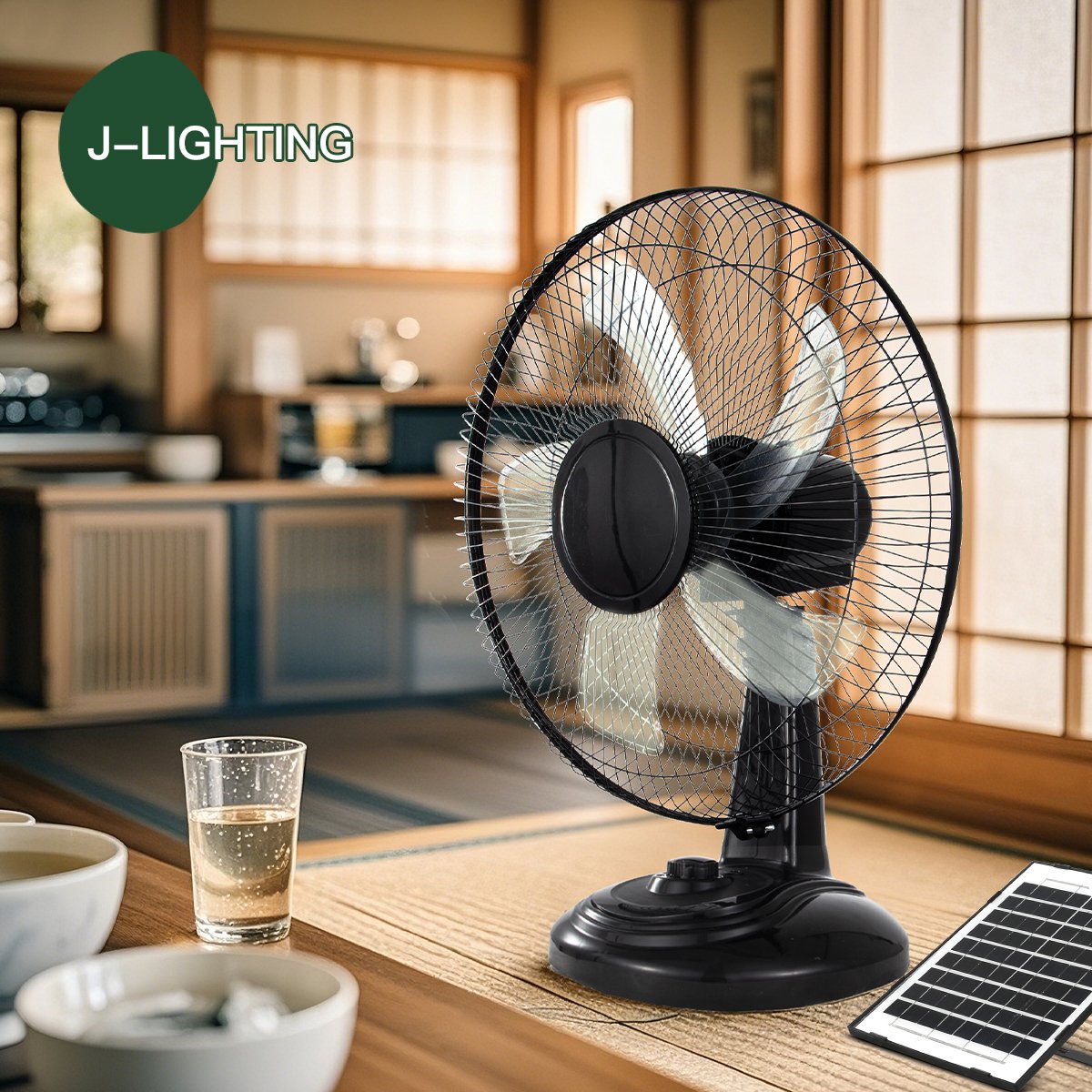 Black Solar Floor Fan with 2 Emergency Lights | 12/14/16 Inch | 8000mAh & 9V Solar - 图片 5